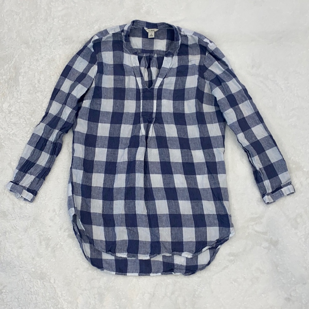 L.L. Bean Split Neck Linen Tunic Long Sleeve Plaid‎ Top